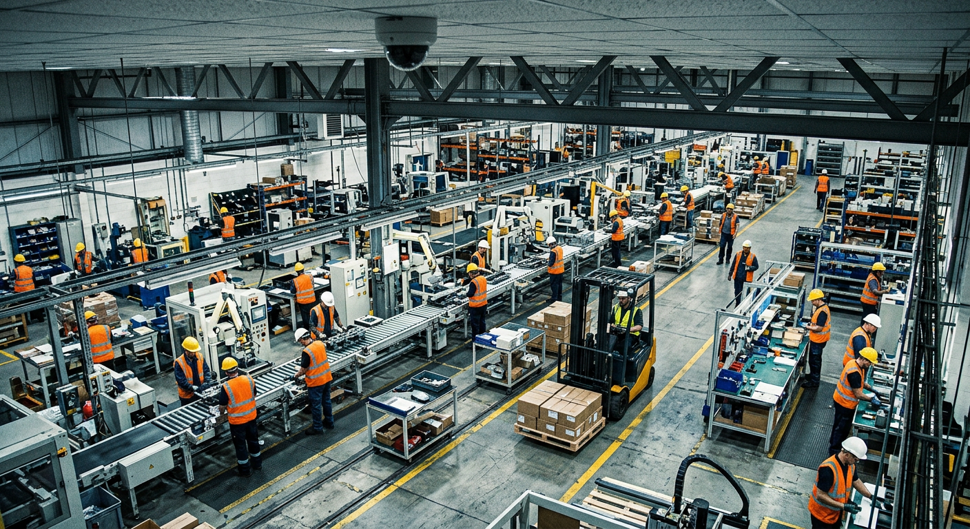 Overhead camera view of a factory floor with workers and a forklift