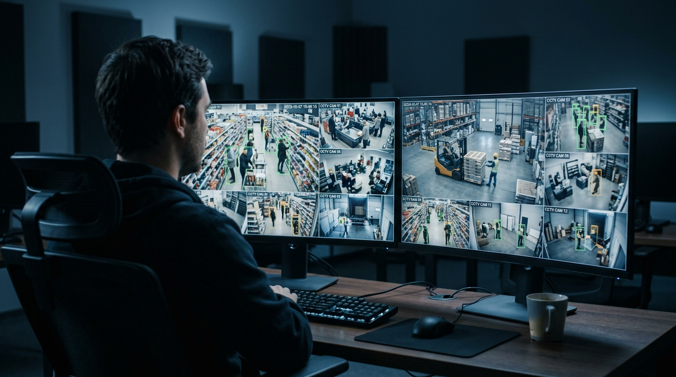 Analyst reviewing retail and warehouse camera feeds with detection boxes on two monitors