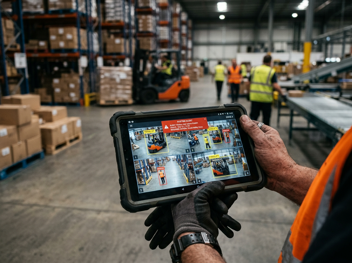 Warehouse supervisor holding a tablet showing forklift and worker detections with a safety alert