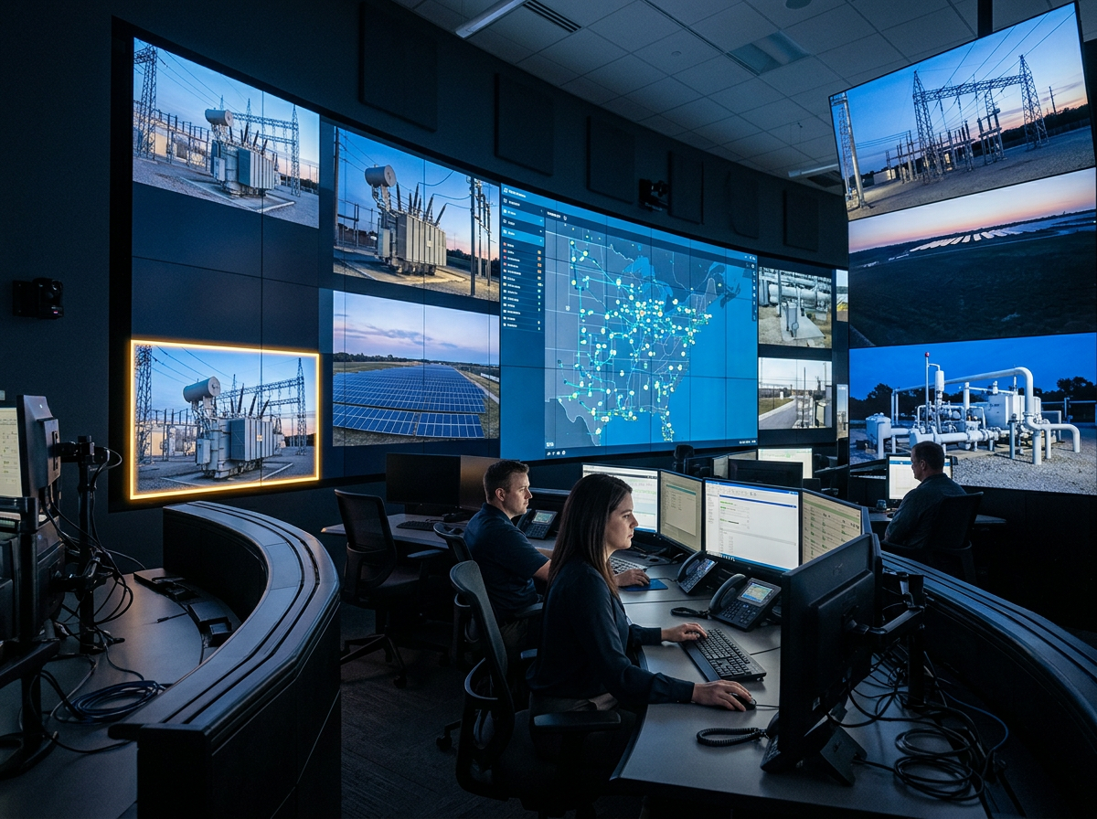 Energy operations center with substation, solar and pipeline feeds on a curved video wall